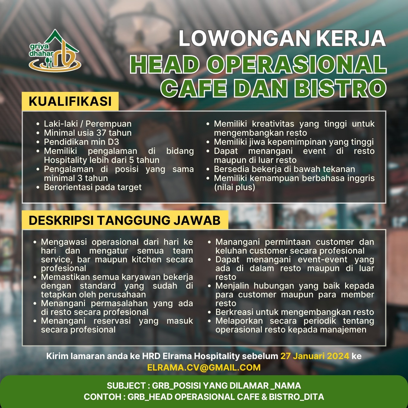 Lowongan Kerja Head Operasional Cafe Dan Bistro Yogyakarta