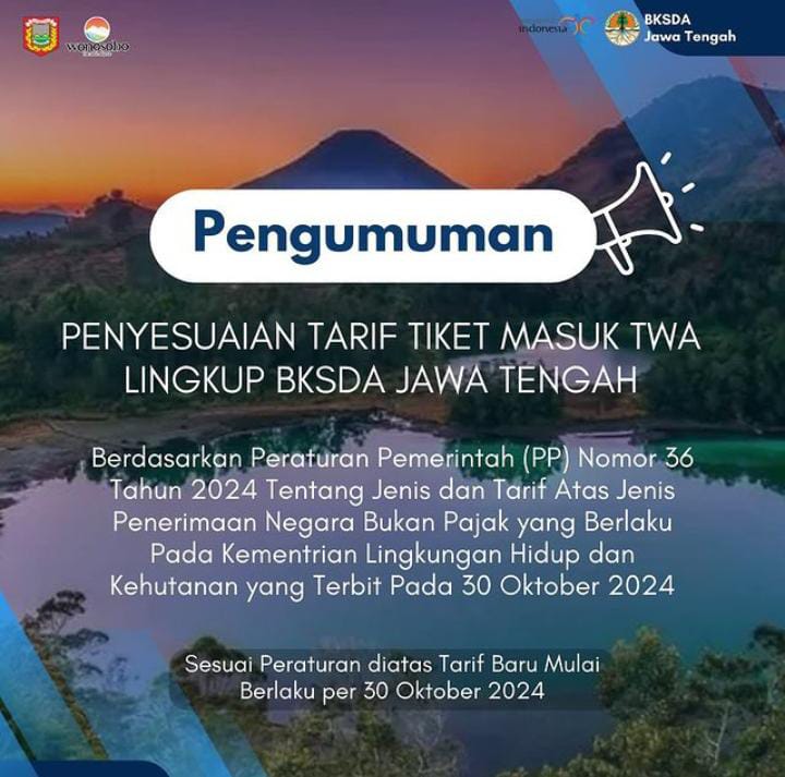 BKSDA Jawa Tengah Umumkan Penyesuaian Tarif Masuk Taman Wisata Alam