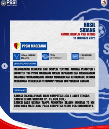 PPSM Magelang Didiskualifikasi dari Liga 4 Jateng, Komdis PSSI Jateng Beri Sanksi Berat